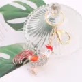 Cute metal rhinestone rooster keychain with orange cat-eye stone zodiac bag charm. - Chicken 3