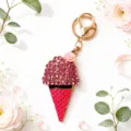 Rhinestone ice cream keychain detail, cute alloy bag charm and car key ring accessory. - Pink