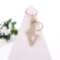 Rhinestone Letter V Crown Keychain Gold Alloy Bag Pendant Charm Fashion Accessory - Letter V