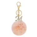 Fluffy pink pom pom keychain with rhinestone letter M charm and gold metal clasp for bags. - Letter M