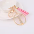 Fashion metal rhinestone letter T pink tassel keychain bag pendant for women daily decoration. - Letter T