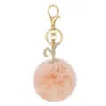 Fluffy pink pom pom keychain detail, gold clasp and sparkling rhinestone letter Y pendant. - Letter Y