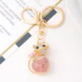 Cute rhinestone cat keychain, metal pink crystal heart tail key ring bag pendant charm. - Pink (Color 3)