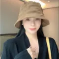 Corduroy pleated bucket hat for women, retro Japanese style Maillard basin hat for small face. - Khaki