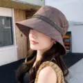 Women summer contrast bucket hat casual pleated sun hat brown textured fabric beach headwear - Coffee