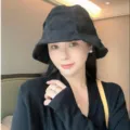 Black corduroy bucket hat for women, Japanese retro autumn winter warm casual solid basin hat - Black