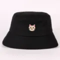 Cappello bucket nero con ricamo di gatto carino, cappello da sole estivo alla moda. - Circa 57cm / Nero