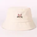 Cappello da Pescatore Beige con Ricamo Gatto Carino Estate Casual in Cotone per Donna - Circa 57cm / Beige