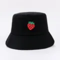 Black bucket hat with cute embroidered red strawberry pattern, casual summer sun protection. - Adjustable / Black