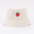 Cute strawberry embroidered bucket hat for women, casual summer sun protection beige hats. - Adjustable / Beige