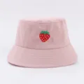 Pink bucket hat with cute strawberry embroidery, casual summer sun protection hat for women. - Adjustable / Pink