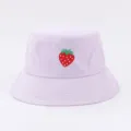 Women summer lavender purple bucket hat with cute strawberry embroidery sun protection - Adjustable / Purple