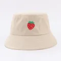 Beige bucket hat with cute red strawberry embroidery, perfect for summer sun protection. - Adjustable / Khaki