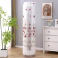 Detailed view of white vertical air conditioner dust cover with red floral embroidery mesh. - Universal Air Conditioner Cover (Height 170cm) / Brocade of a Thousand Flowers - Red