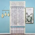 White lace door curtain detail, elegant floral pattern with blue tassel and satin trim. - 90*220cm / Misty Green (Double Opening with Hook and Loop)