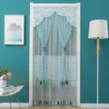 Teal double layer mesh door curtain detail, lace trim and bead decor, mosquito net. - Width 90 x Height 210cm / Crystal Snow Green