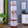 Detailed view of white vertical air conditioner cover with red peacock embroidery and mesh design. - Universal Air Conditioner Cover (Height 170cm) / Grand Peacock Red