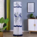Elegant vertical air conditioner cover detail showing exquisite blue peacock embroidery and mesh. - Universal Air Conditioner Cover (Height 170cm) / Grand Peacock Blue