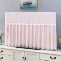 Detail view of a soft pink plush TV dust cover featuring elegant white floral lace trimming. - 32-inch / Small Plum Blossom Pink - Usable While Machine Is On