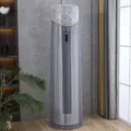 Detailed view of standing air conditioner dust cover, grey lace mesh fabric design. - Aesthetic Grey Voile