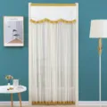 French sheer door curtain with delicate lace valance and yellow trim for home decor. - Rich Floral Beige Double-Layer Gauze Curtain