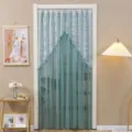 Cortina de puerta de encaje francés cortina de gasa sin perforar dormitorio cocina colgante - An1.2xAl2.2m con Varilla / Flores en flor y luna llena verde