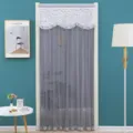Detail shot of the double layer French lace door curtain hanging in a cozy room setting. - Rich Floral Gray Double-Layer Gauze Curtain