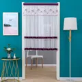 Vista detallada de cortina de puerta blanca transparente con bordado floral morado y rayas. - 80*120cm / Luz de luna en el estanque de lotos púrpura