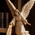 Vue détaillée des ailes sculptées et du faisceau lumineux de la statue d'ange artisanale - Ange Suspendu à Faisceau Lumineux / Hauteur 15cm