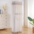 Detailed view of elegant white lace vertical air conditioner dust cover in home living room. - AC Cover (Height 170cm) / [Square] Forget-Me-Not Coffee
