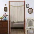 Beige lace doorway curtain short drape with pom-pom fringe for bedroom room divider home decor - Width 80 * Height 120 cm / Candy Seed Beads