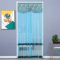 European style blue mesh door curtain with delicate lace header, ideal for room partition. - Beauty Blue Double-Layer Gauze with Free Velcro