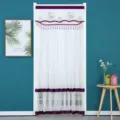 Double layer sheer door curtain with purple lace floral embroidery and fringe design for room. - 90x200cm / Golden Leaves Purple with Velcro