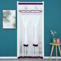 Close-up details of the double layer white lace embroidered door curtain with purple velvet trim. - 90x200cm / Golden Leaves Purple with Velcro & Rod