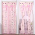 Pink floral fabric door curtain with lace ruffles for bedroom privacy and room decor. - Bird Chirping