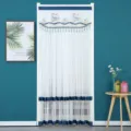 Punch-free lace embroidered sheer door curtain, double layer anti-mosquito mesh partition. - Blue Golden Branch with Hook and Loop