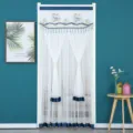 Double layer lace embroidered door curtain, anti mosquito sheer gauze split design home decor. - 90x200cm / Golden Leaves Blue with Velcro & Rod