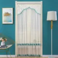 Sheer door curtain with blue lace trim and tassels for home privacy partition and decor. - Width 90 x Height 210cm / Crystal Snow Rice Green