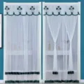 White sheer door curtain with green embroidery and tie back design for home decor room. - 90x120 cm Half Curtain / Jane Eyre Lily Green Double-Layer Gauze with Velcro