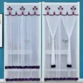 White sheer door curtain with purple floral embroidery and velvet trim variant view. - 90x120 cm Half Curtain / Jane Eyre Lily Purple Double-Layer Gauze with Velcro