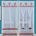 White sheer door curtain with red floral embroidery, dual-use velcro and rod pocket design. - 90x120 cm Half Curtain / Jane Eyre Lily Red Double-Layer Gauze with Velcro