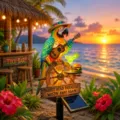 Detailed view of solar parrot garden light with guitar and tropical sign - Parrot A / 10cm