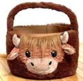 Detailed macro shot of a brown plush Highland cow Easter basket candy storage bag - Highland Cow Design / Medium Basket