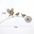 Detail of metal robin birds perched on a dandelion garden stake, 24 inches wide. - Robin Bird