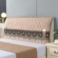Thick padded bed headboard cover with lace trim and storage pockets, dustproof and anti-collision. - Elegant Coffee