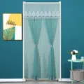 Elegant teal door curtain with delicate lace embroidery and pom-pom fringe for home decor. - Green Diamond Pattern Double-Layer Opaque Fabric