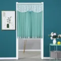Double layer lace door curtain detail view, elegant teal fabric with floral lace trim. - White Rose Green Sheer Double-Layer Opaque