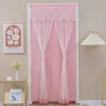 Detailed view of the pink lace door curtain, featuring elegant sheer mesh and cute bows. - Starlight Pink