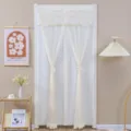White lace mesh door curtain with delicate embroidery and tiebacks for elegant home privacy. - Starlight Beige