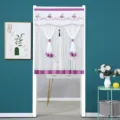 Detailed view of white and purple double layer lace door curtain with delicate floral embroidery. - Rose Purple Double Layer Opaque